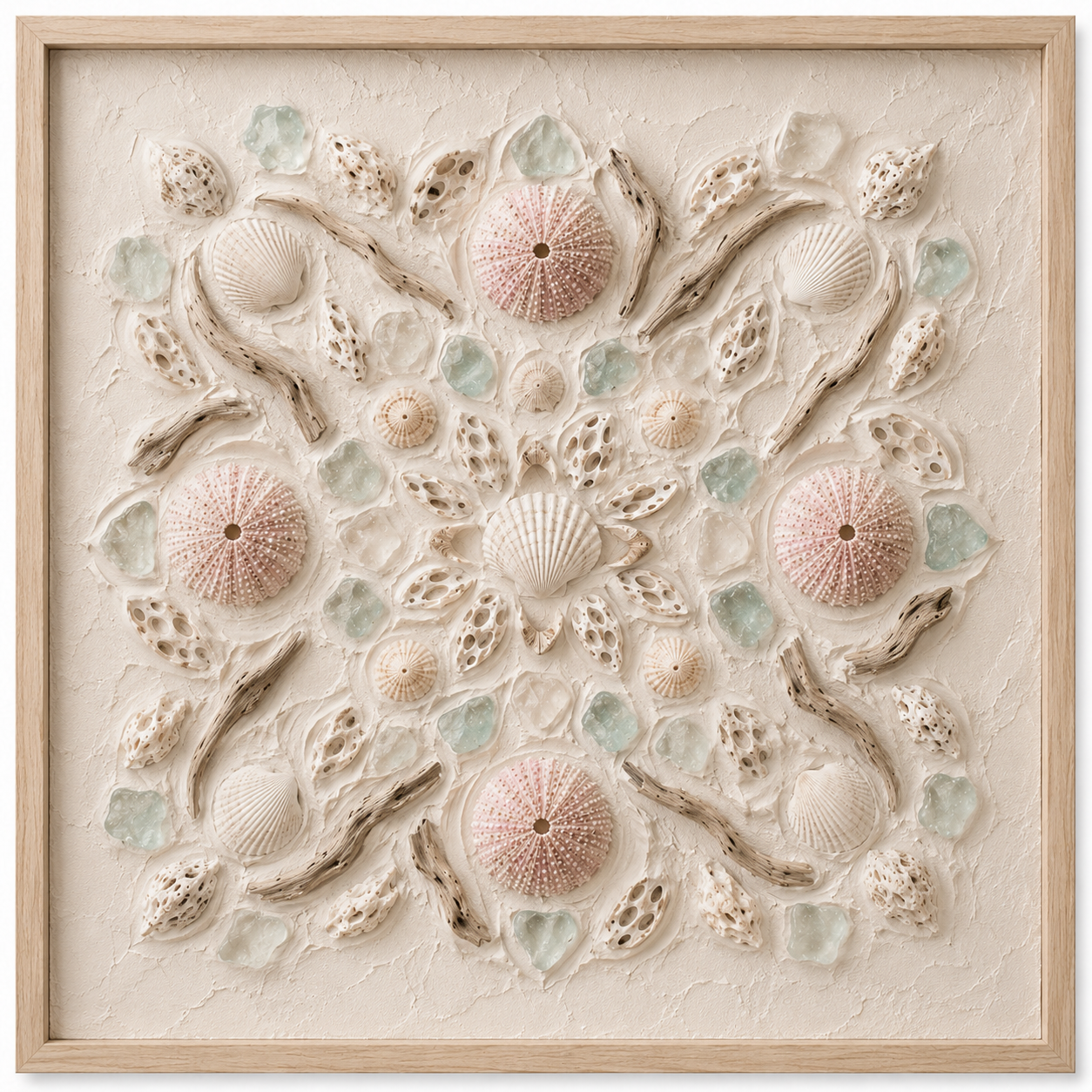 A framed shell mandala artwork by Ocealia, arranged in radial symmetry